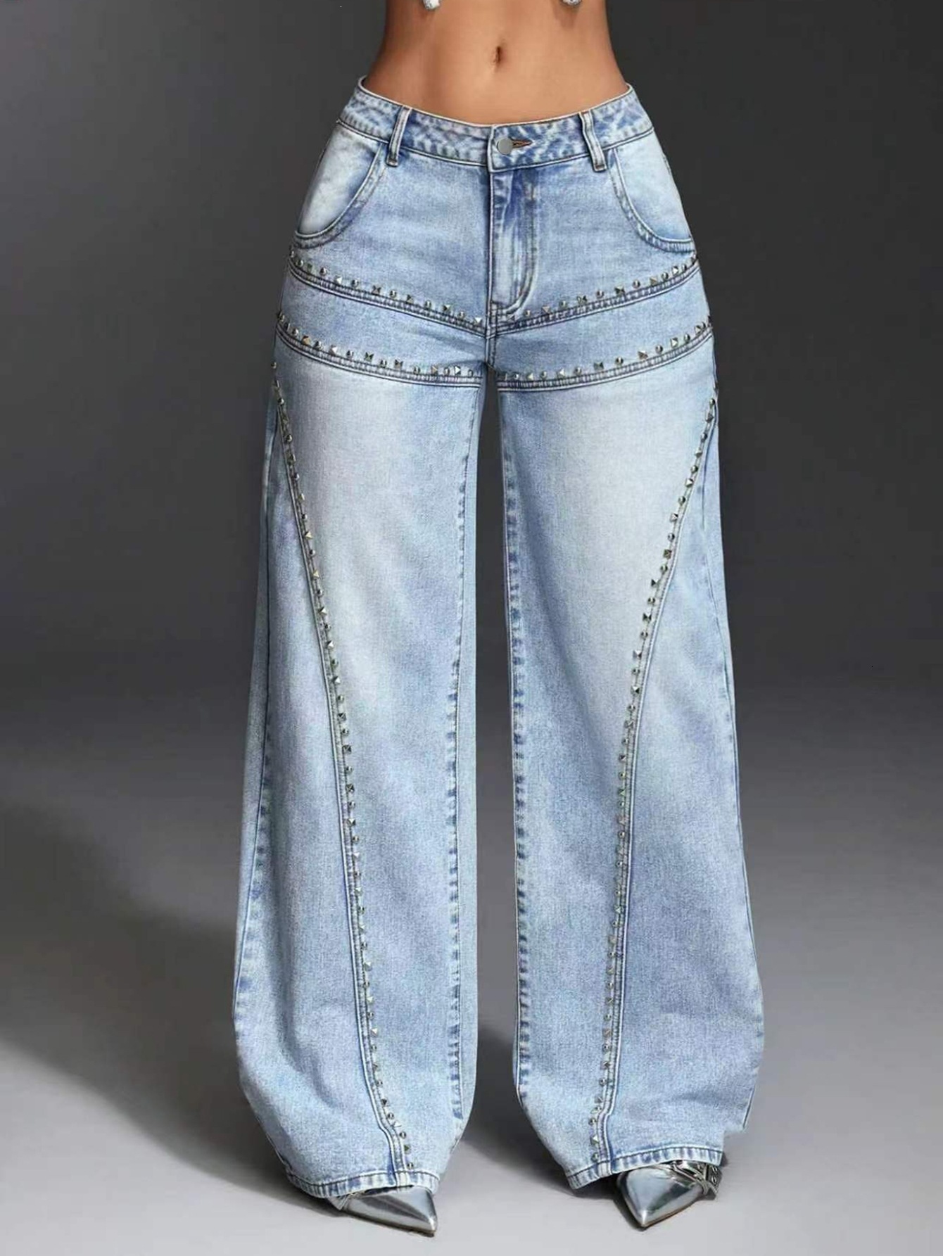 Cross-border European American style, featuring studded embellishments, a high-street aesthetic, deconstructed stitching, and wide-leg, floor-length