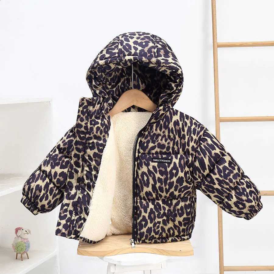 2-6 Years Winter Thick New Keep Warm Girls Jacket Fleece-lined Leopard Print Hooded Jacket For Kids Children Outdoor Wear Coats J260917