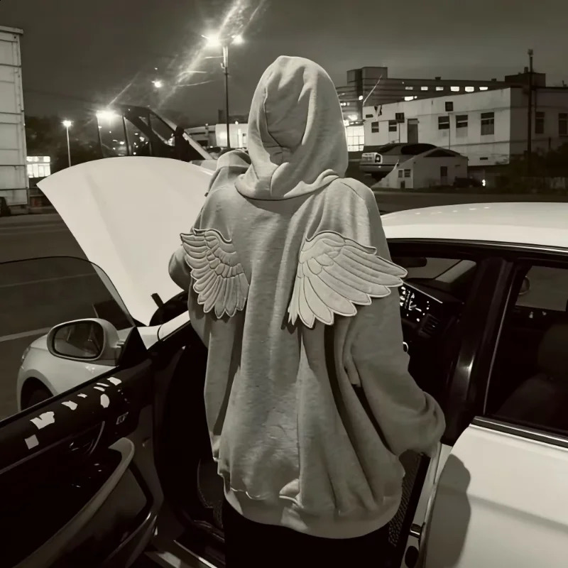 Y2K Angel Wings Hooded Sweatshirt 2026 Release Solid Color Zipper Street Cute Personalized Top Role-Playing Outfit 260917