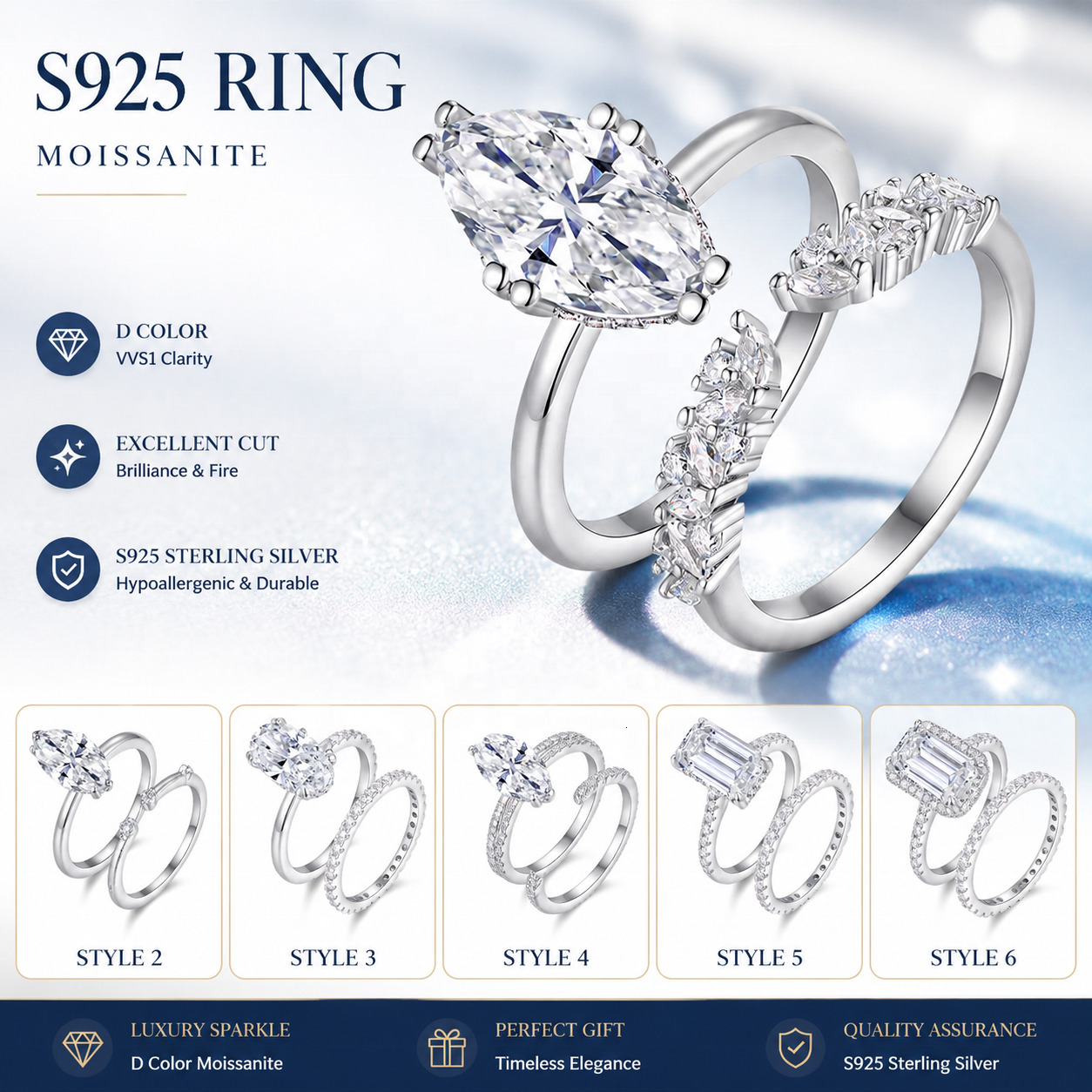 2026 Hot Selling Fashion S Moissanite D Color VVS Diamond Women's Luxury Sparkling Ring