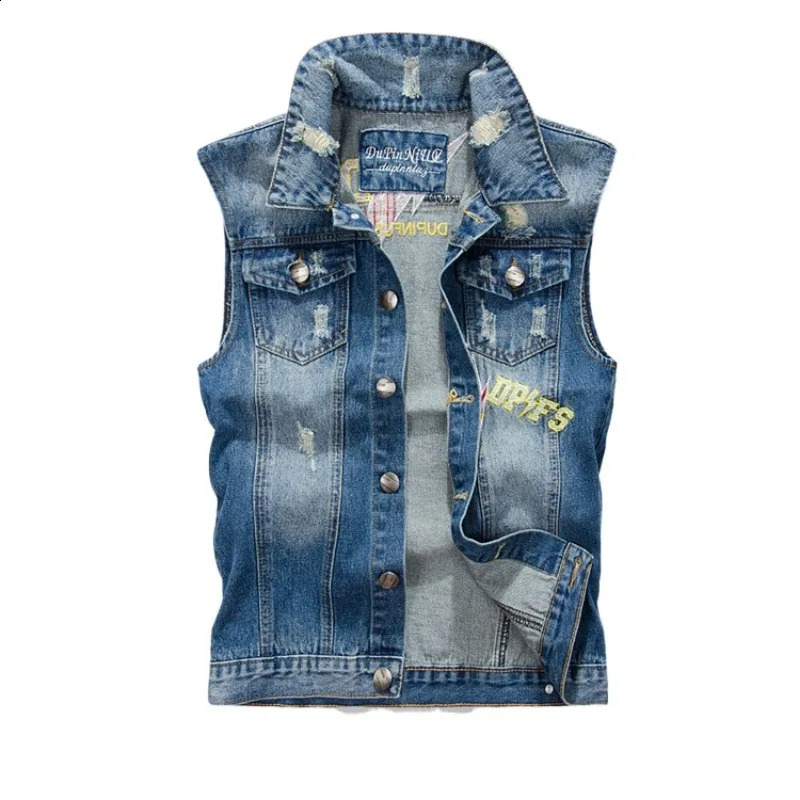 Fashion Men Light Blue Holes Denim Vests Ripped Denim Sleeveless Jackets Waistcoats Male Slim Jeans Waistcoats 5XL 260917