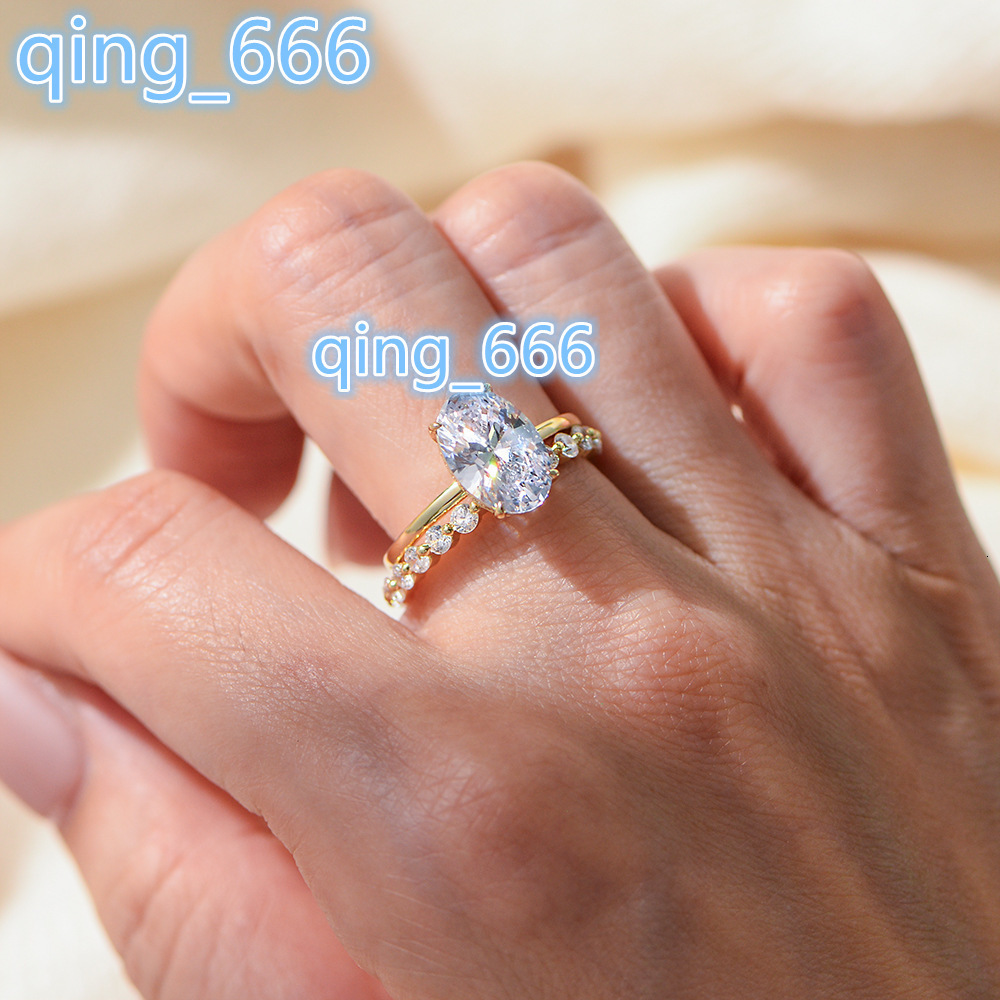 925 Sterling Silver 8*12mm Gold Plated Engagement Wedding Ring Set Fine Jewelry Factory