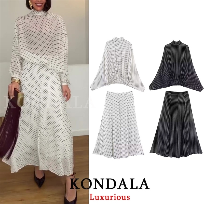 KONDALA Vintage Polka Dot Women Sets Chiffon Bow Tie Loose Blouses Loose Long Skirts Fashion 2026 Spring Summer Holiday Suits 260825ww