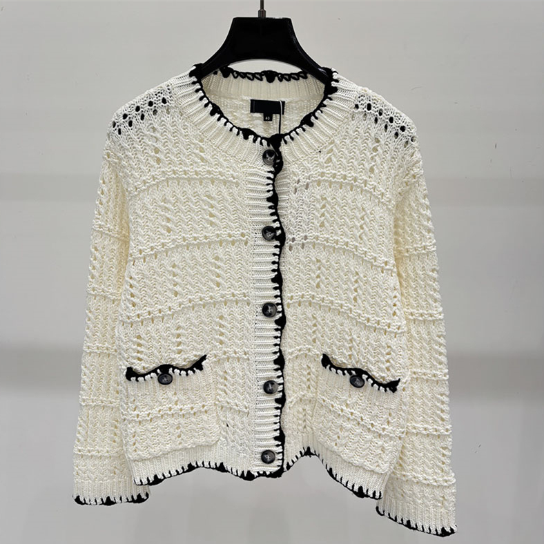 Elegant Hollow Mesh Knit Outwear For Women Chic Piping Crew Neck Long Sleeve Relax Breathable Cardigan Autumn Vacation Travel Sweater