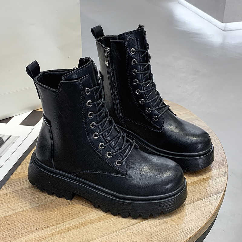 Summer Autumn Women Ankle 2024 Boots Classic Beige Black Leather Gothic Punk Shoes Mid Heels Short Combact Boots Platform Shoes D260917