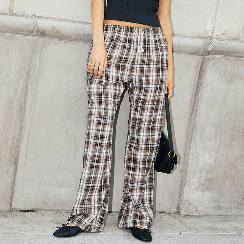 Foreign trade casual Korean-style plaid print street-style low-waist drawstring long for women, autumn home wear, versatile fashion straight-leg pan