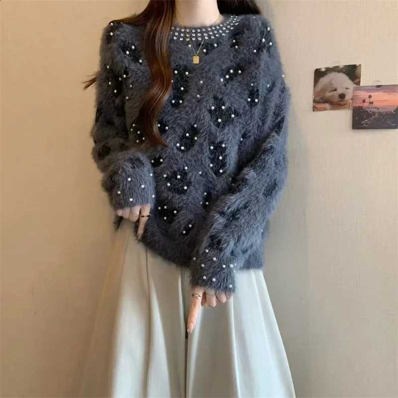 Female Autumn Round Winter Neck Leopard Print Knitwear Women Fashion Mink Fur Knitting Korean Lady Long Sleeves Pullover Sweater J260916