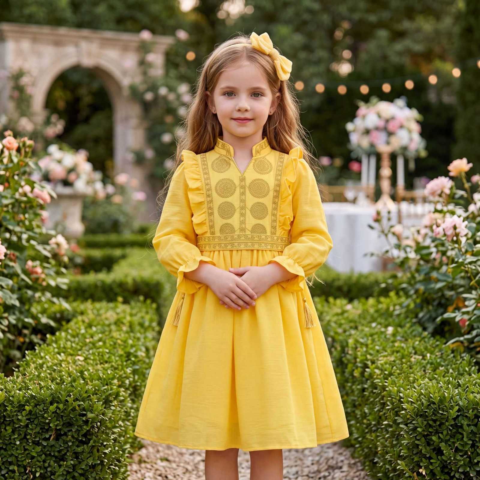 New ethnic-style childrens dress embroidered stand-up collar princess dress suitable for little girls as a flower girl dress or for everyday wear L2