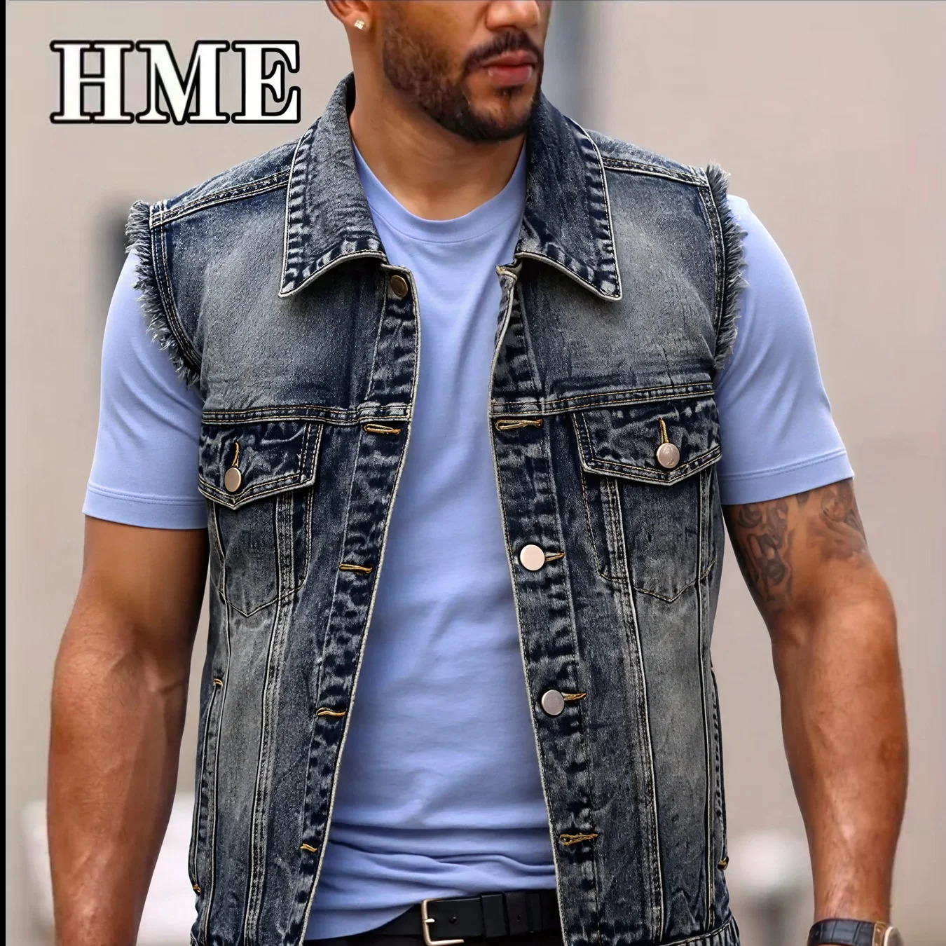 American Streetwear Men's Frayed Denim Vest Vintage Washed Turn Down Collar Sleeveless Jean Jacket Spring Summer 260916
