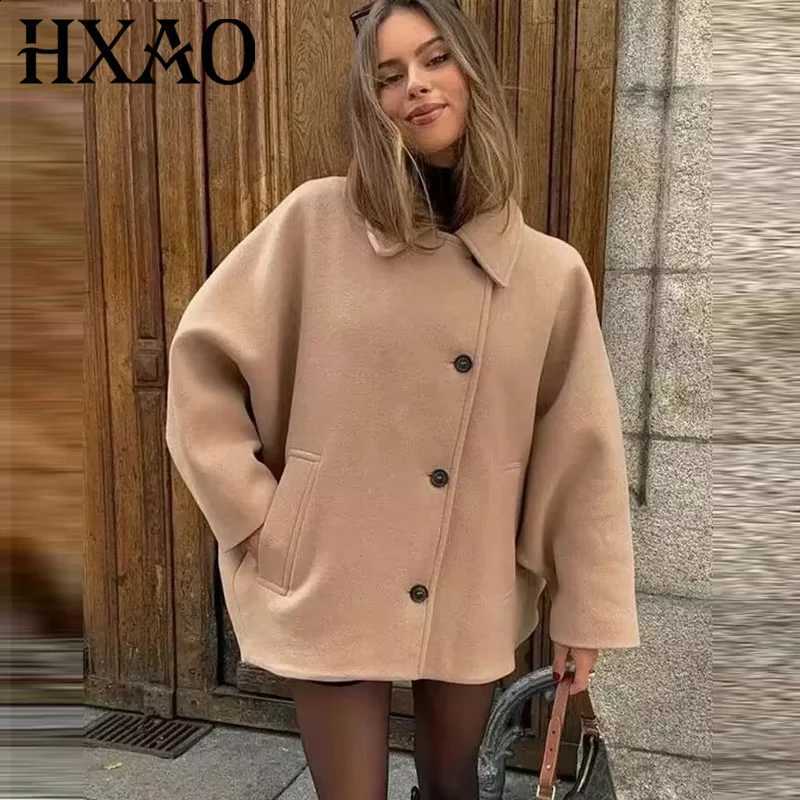 Woman Winter HXAO Coats Faux Wool Coats And Mixtures Oversized Long Coat Women Autumn Long Sleeve Solid Coats Casual Warm Parkas C260917