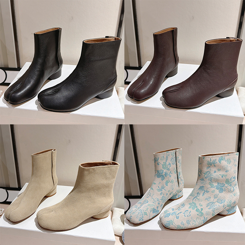 Elegant Women Tabi Ankle Boots Round Head Soft Nappa Leather Split Toe Boots Minimalist Low Heel Inner Zipper Suitable Short Trip Collocation
