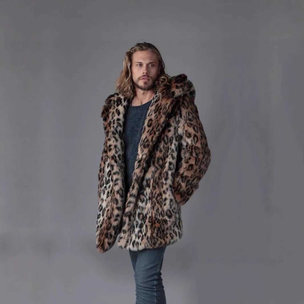 Faux Fur Jacket Winter Men Coat Thick Hooded Leopard Print Mid Length Warm Ears Overcoat Vintage Loose Casual 2025 OuterwearW260915