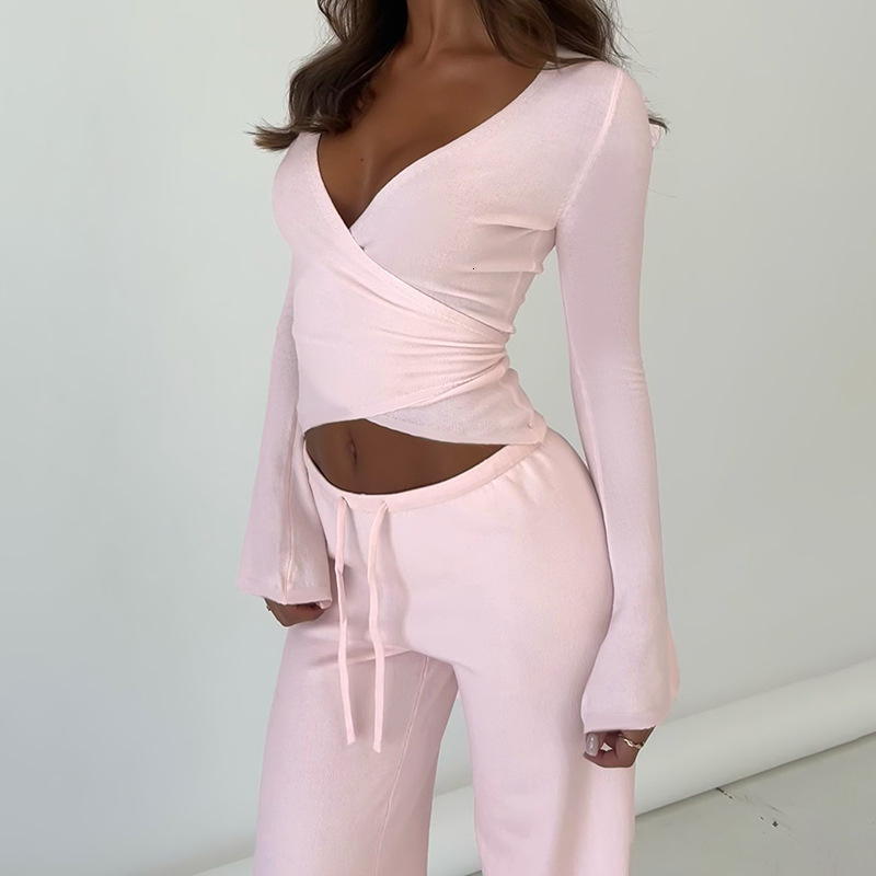 2024 Autumn Winter European American Casual Lace-up Flared Sleeve Top Fleece Loose Long Pants Pajamas Two-piece Sports Set 8b