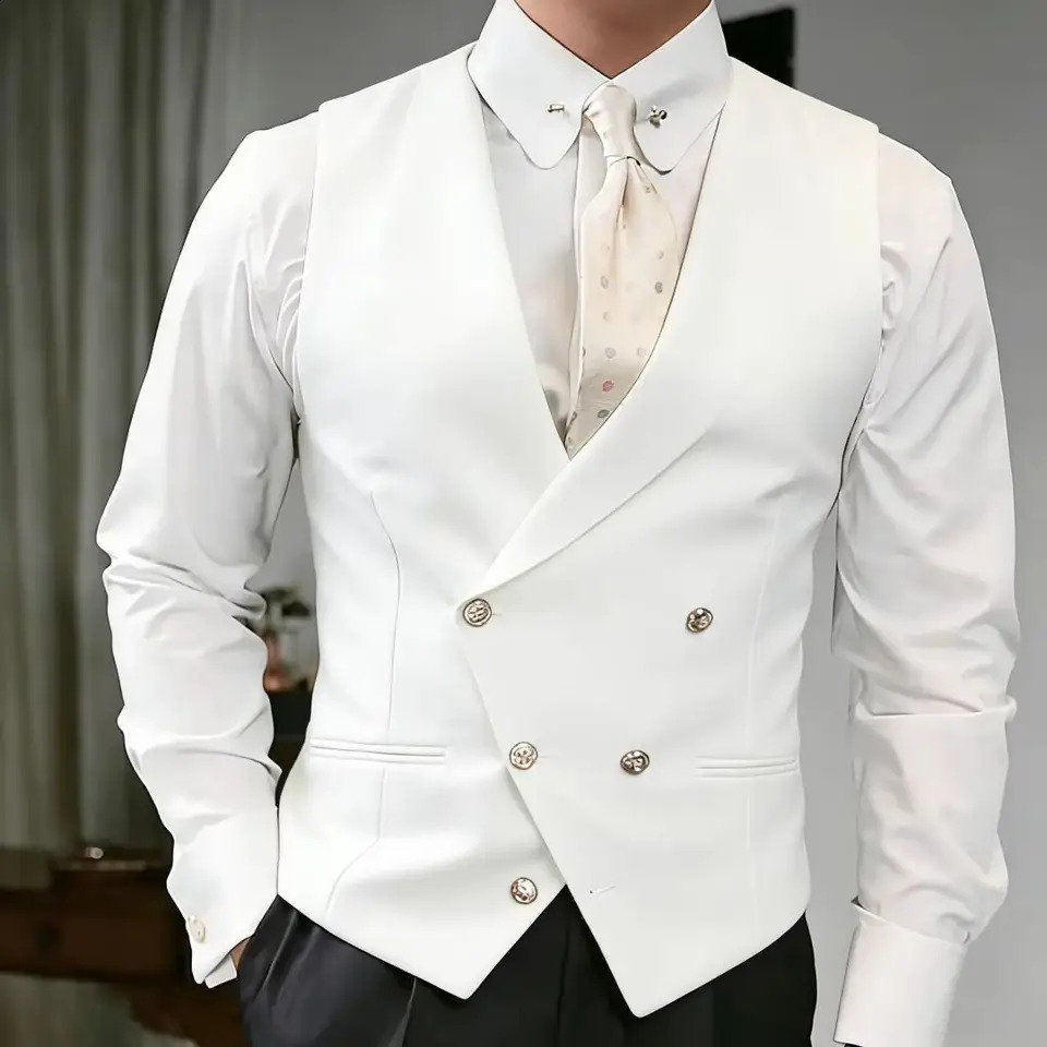 Men Vest White Double Button Solid With Lapel Waistcoat For Wedding Birthday Banquet Party Business Work Daily Suit 260917