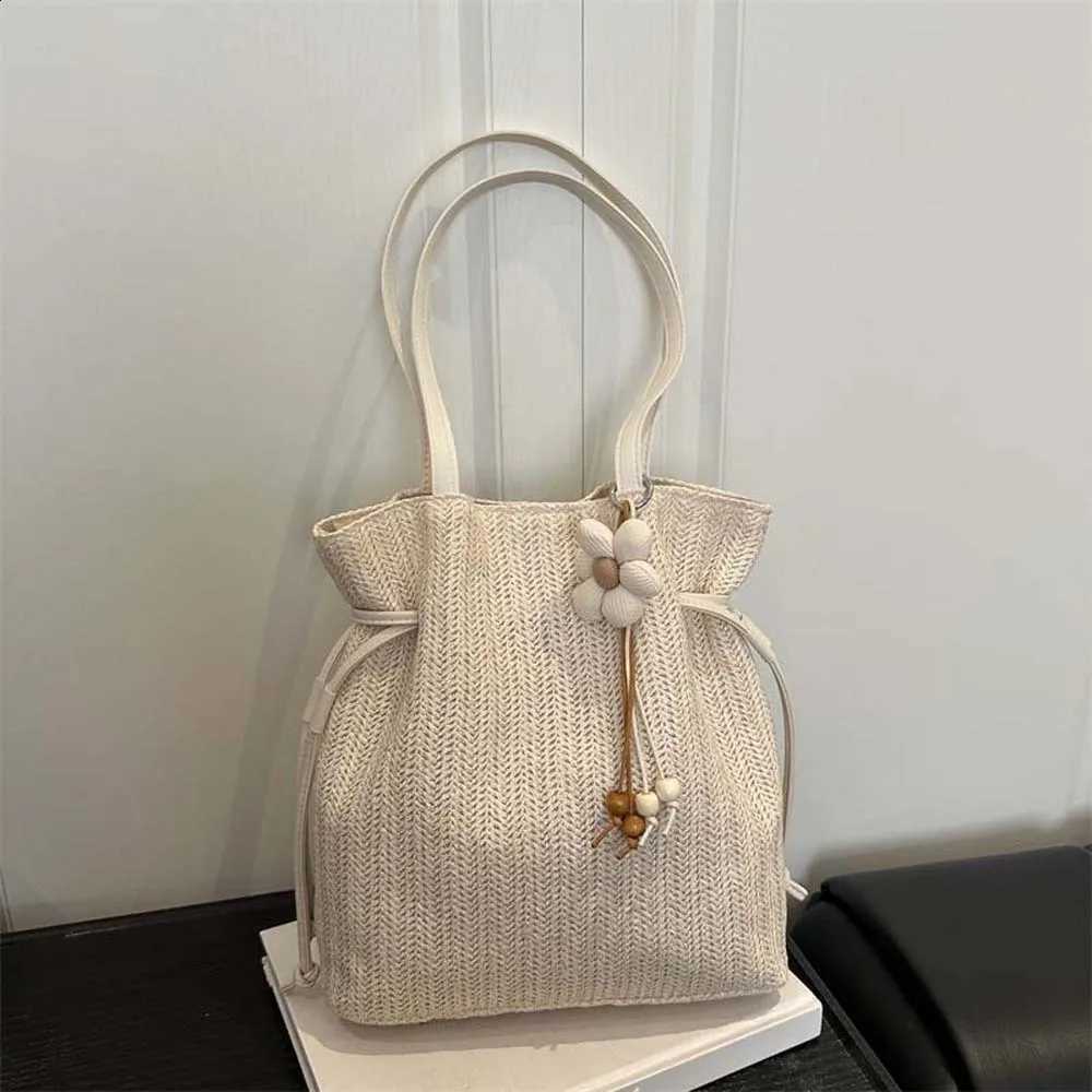 Sweet StrAW Woven Tote Bag Magnetic Large Capacity Commuting Shoulder Bag Lightweight Solid Color H260916