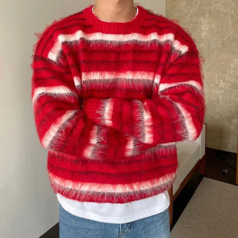 Mohair Knitted Men's Stripe Luxury Sweater Chic Long Sleeve Solid Color O Neck Pullover Autumn Korean Trendy Male Clothing M-2XL J260916