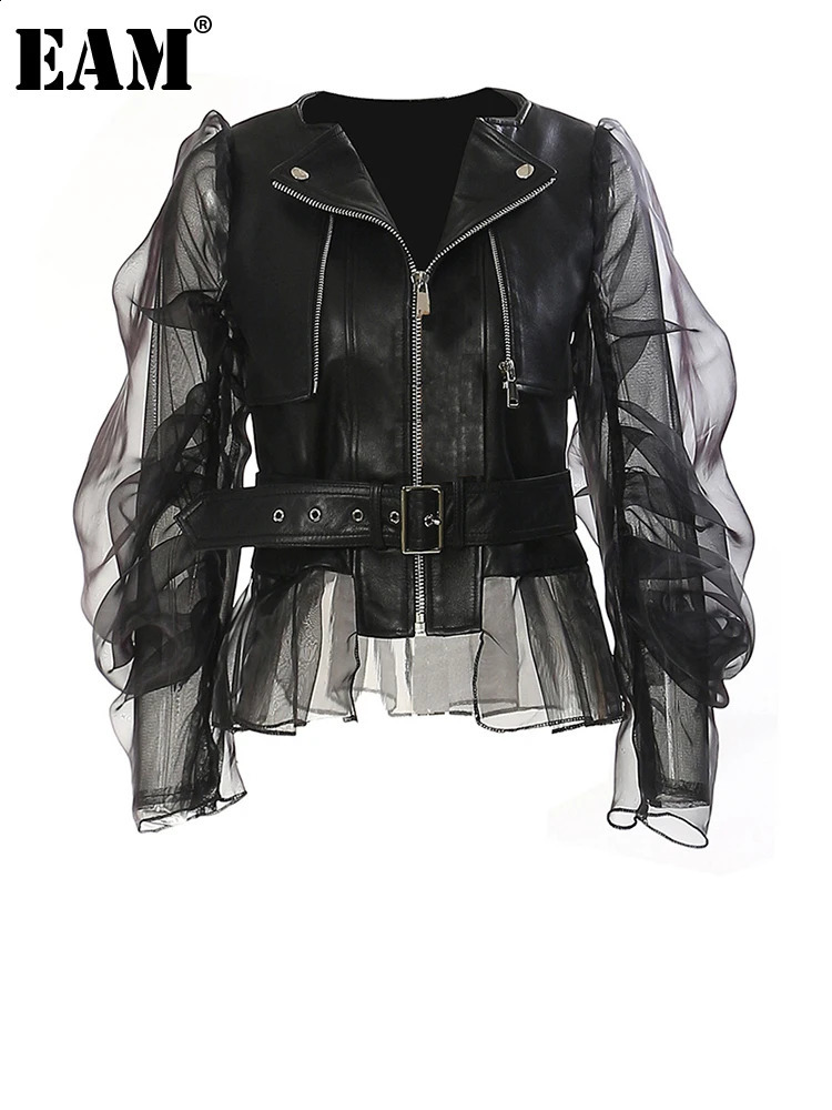 EAM Loose Fit Black Pu Leather Mesh Elegant Jacket Lapel Long Sleeve Women Coat Fashion Spring Autumn 2026 17A8517 260915
