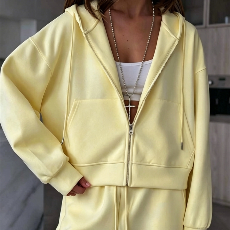 Hirsionsan 2026 Cross border Yellow Hooded Zipper Hoodies Set Casual Cardigan Drawstring Wide Leg Sport Pants Two Pieces Set 260916