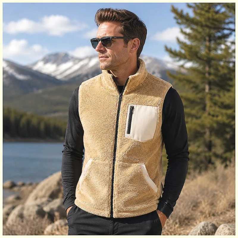 Men's Color Block Fce Vest Windproof Stand Collar Warm Cotton Plus Velvet Lined Casual Outdoor Layered Streetwear Versatile Q260917