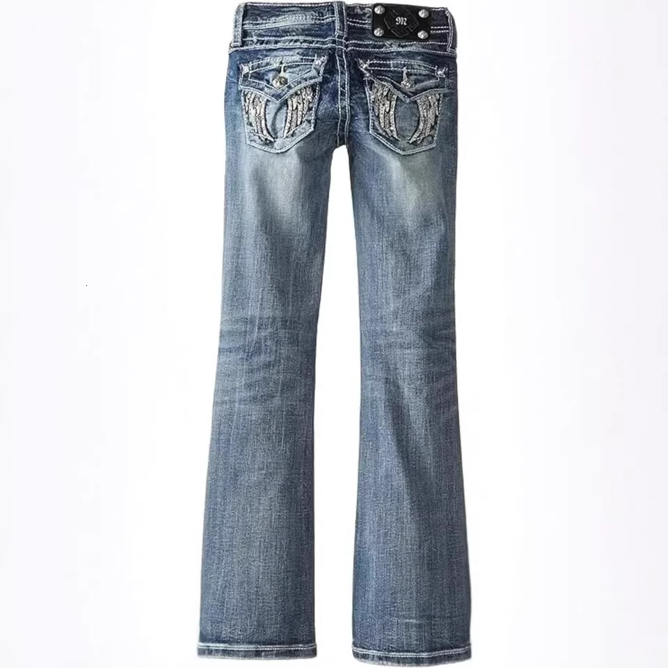 Cross-border women's Y2K-style jeans with patchwork leather, wing embroidery, and pockets, featuring a Harajuku gothic hip-hop straight-leg des
