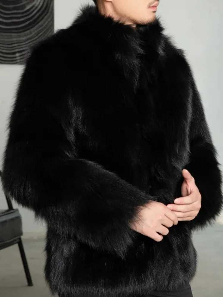 Oversized Furry Stand Thicken Collar Winter Parkas Coat Men Warm Windproof Trendy Solid Faux Fur Outerwear Casual Jacket W260915