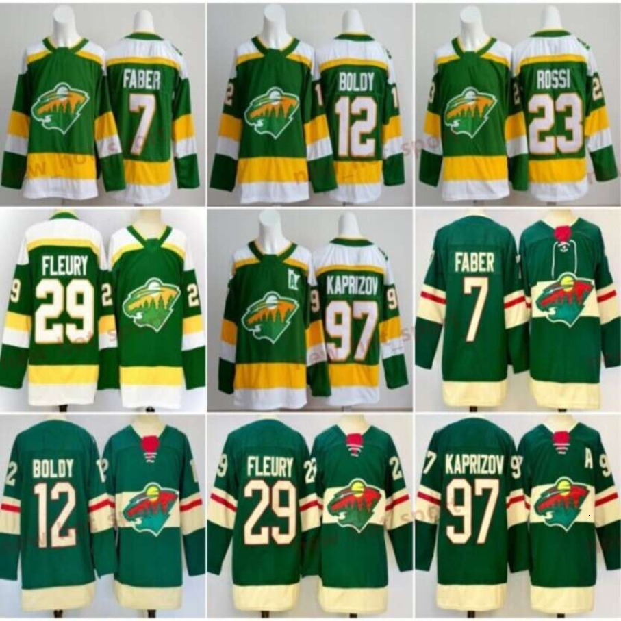 Mens 2025 New Hockey Jerseys 7 Brock Faber 12 Matthew Boldy 23 Marco Rossi 29 Marc-Andre Fleury 97 Kirill Kaprizov Green Shirts Stitched