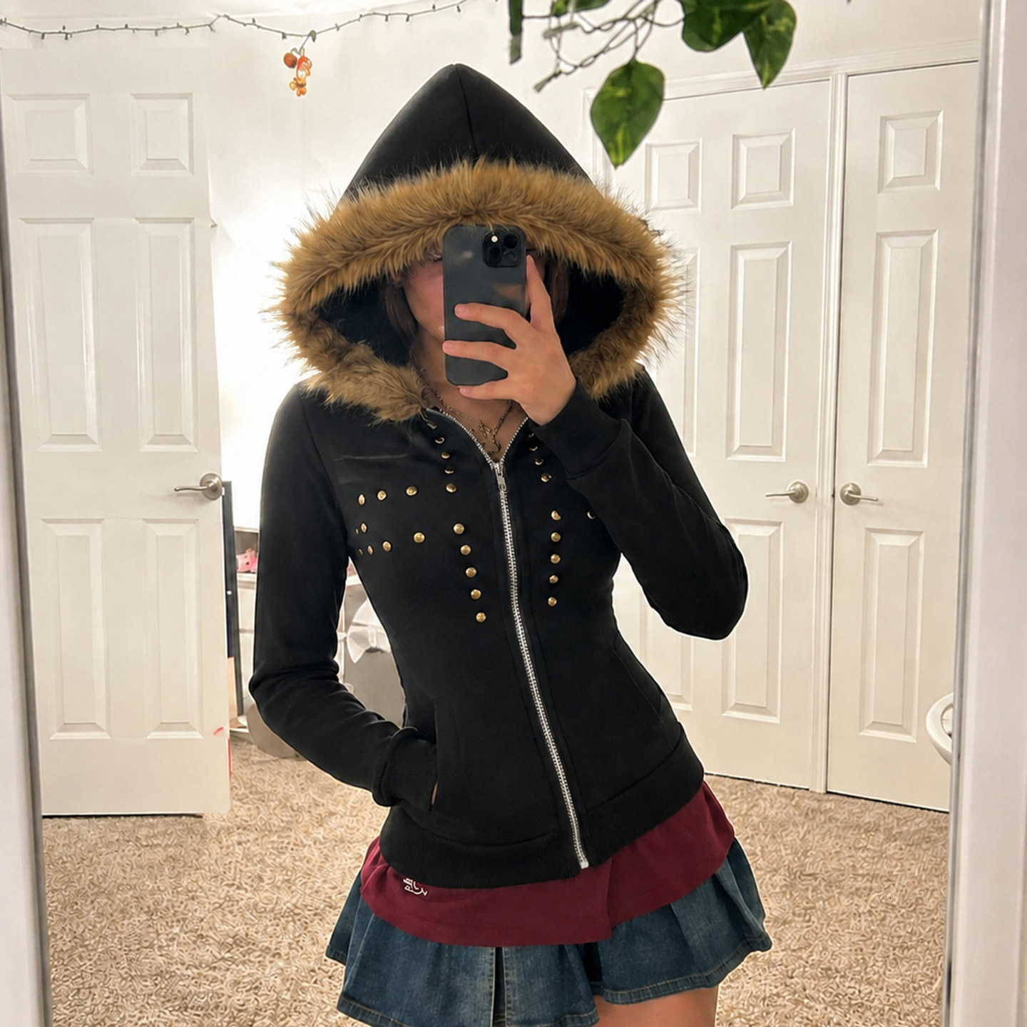 2026 Autumn/Winter New European American Style Casual Cross-Studded Hoodie with Fur Collar and Zipper Closure Street Fashion Outerwear 4a