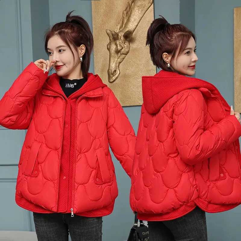 2026 New Down Cotton Jacket Women's Winter Fake Two Piece Korean Version Loose Hooded Coat Parkas Casual Student Short Jackets H260917