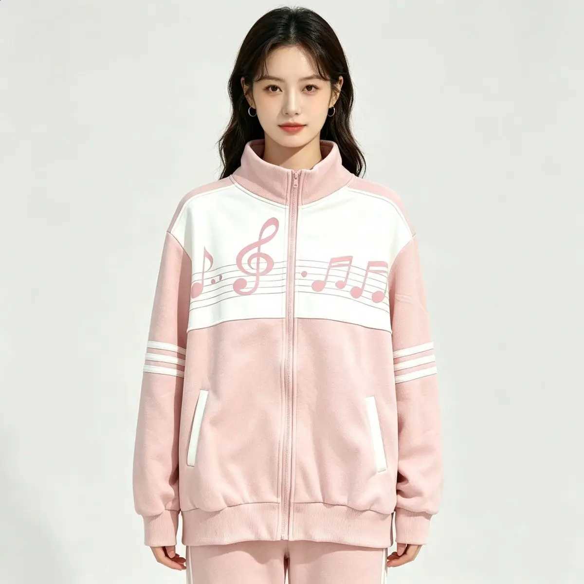 Music Streetwear Women Coquette Preppy Note Print Two Tone Stand Collar Zip Up Jacket Oversized Pockets Casual Campus Outfit N260905