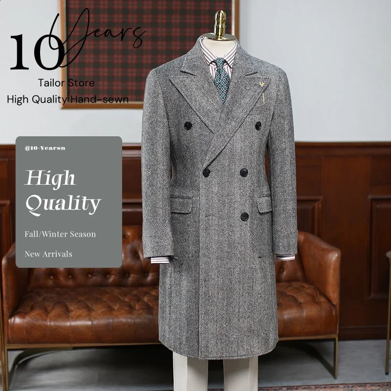 Vintage Herringbone Long Blazer Classic men's double-Breasted Jacket Slim-fit Wool Long Coat With Nnipped Back Waist 2025 Winter 260916