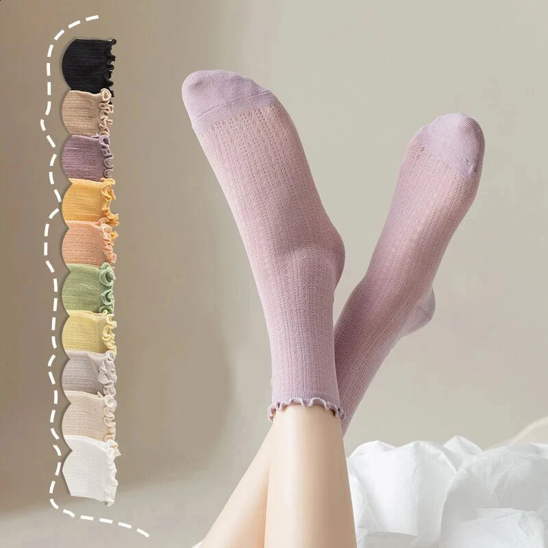 Women Socks High Quality Summer Fashion Casual Long Socks Solid Color Korean Style Waveselvedge Mesh Breathable Simple Thin 260917