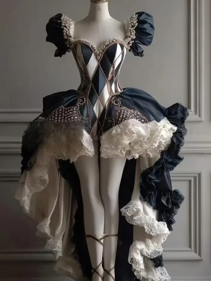 Vintage Gothic Black And White Evening Dresses Square Beaded Corset Special Occasion Party Gowns Women Cosplay Costumes School Prom Dress Customized
