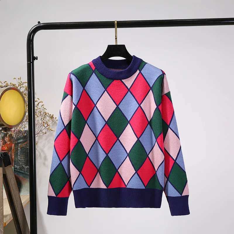 Personality Color Block Retro Grid Loose Overhead Knitted Sweater Women's Autumn Winter Fashion round Neck Woolen Top J260916