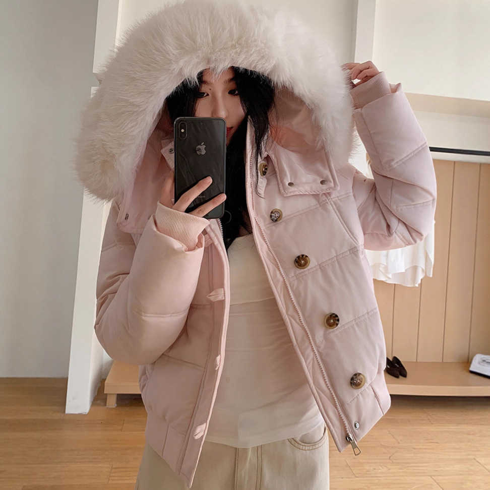 Parkas Short Hooded Coats Women Solid Jackets Big Fur Collar Zipper Buttons Thick Loose Casual Office Lady Autumn Winter 2025 H260917