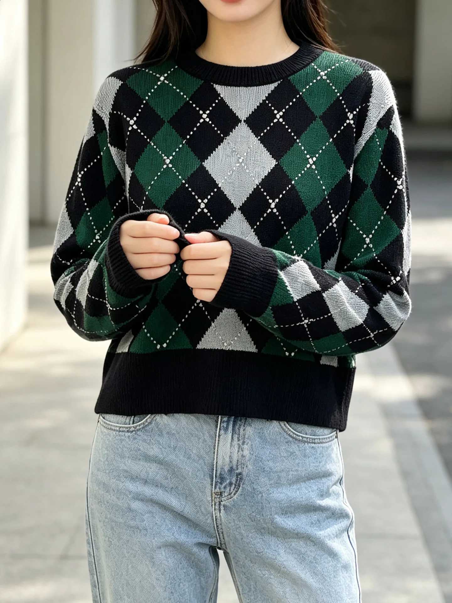 O-Neck Hotfix Rhinestone Women Knit Pullover Long Sleeve Lady Retro Color Blocking Plaid Sweater Top J260916