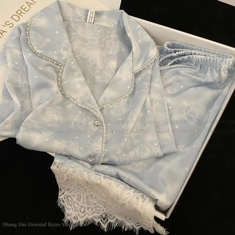 Plus Size 4XL Female 2PCS Pajamas Set Loungewear Sweet Girl Print Flower Lace Sleepwear Long Sleeve Pijamas Silk Satin Homewear 260917