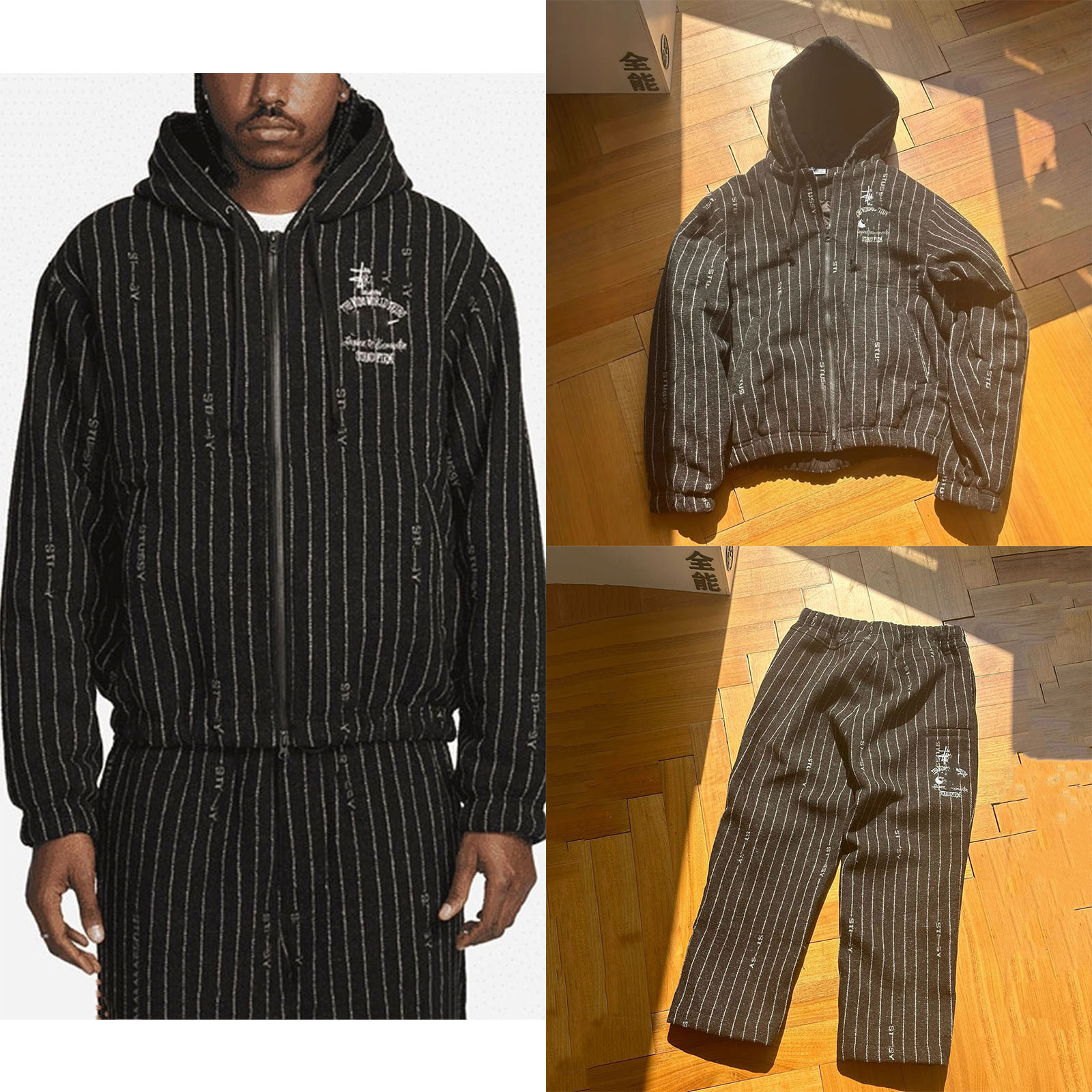 Designer Sports Stripe Tracksuit Men Embroidery Zip up Wool Hooded Jacket Coat Casual Loose Joggers Sweatpants for Men