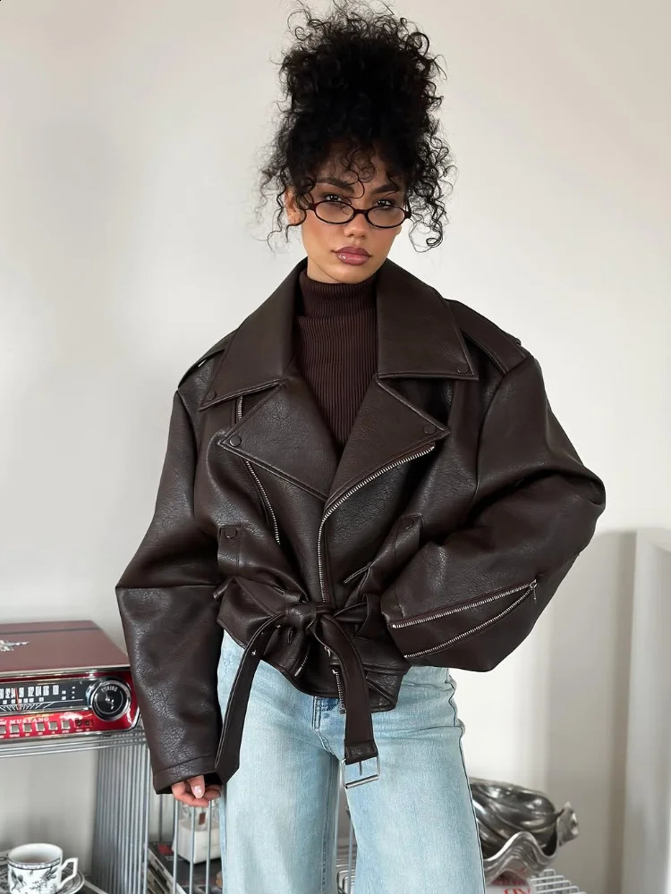 Casual Black Leather Lace Up Short Jacket Women Long Sleeve Zipper Lapel Loose Button Coat Lady Daily High Street Outerwear 2025 260916
