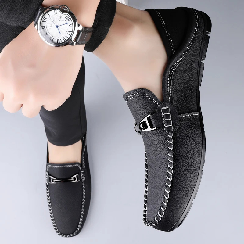 Metal Buckle Loafers Fashion Pointy Dress Shoes Mens Official Soft Soled Cowhide Wedding Shoes Flats Men Black 260917
