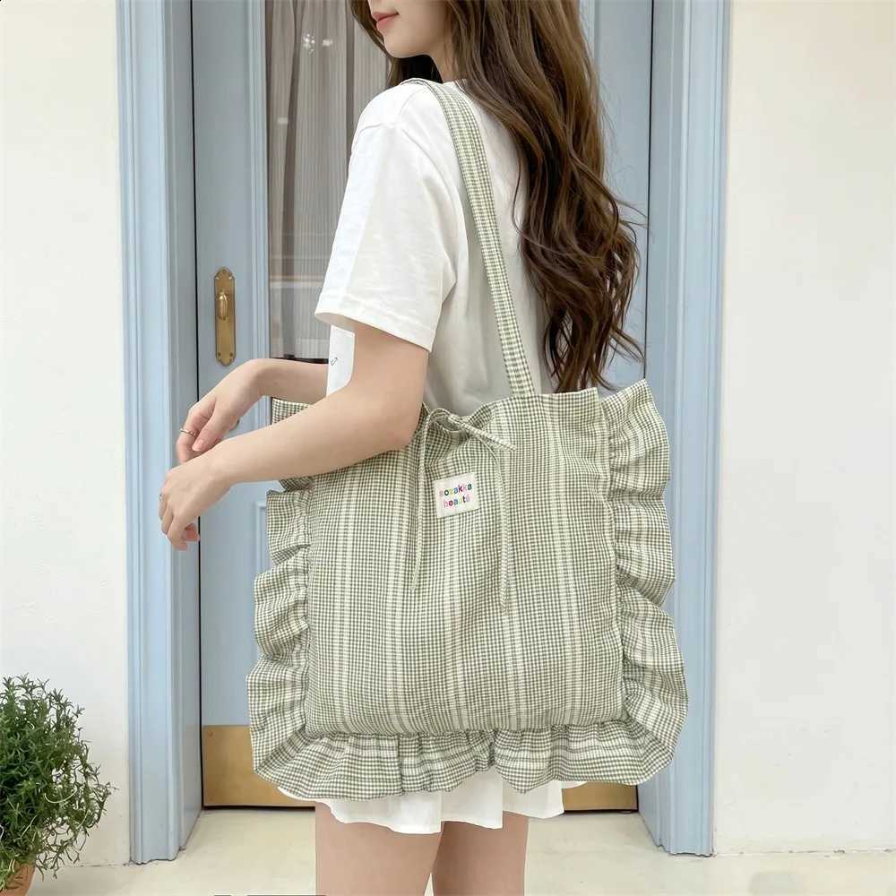 Fashion Korean Commuting Tote Bag Sweet Plaid Handbag Large Capacity Stripe Girly Shoulder Bag H260916