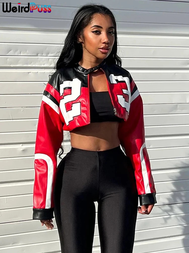 Weird Puss Faux Leather Varsity Jacket Women Hipster Letter Print Autumn Casual Sporty Wild Streetwear Uniform Trend Crop Coat 260917