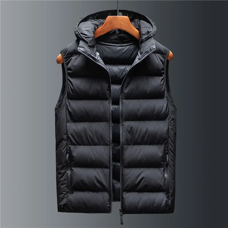 Men Windproof Warm Vest Jackets Autumn Winter Men's Down Vest Male Hooded Fashion Trend Zipper Hooded Stand Collar Solid Vest 260916