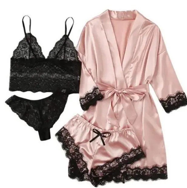 Women Pajamas European And American Sexy Women's Sleepwear loungewear Four Piece Plus Size Nightgown Suspender Set Outerwear Home Clothe 1f8