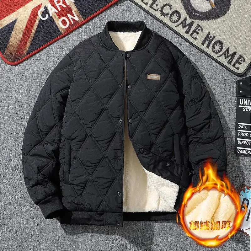 Men Winter Rhombus Cotton Padded Jacket Casual Thick Lambswool Lattice Versatile Unisex Coat Vintage Baseball Coldproof Parka 260917