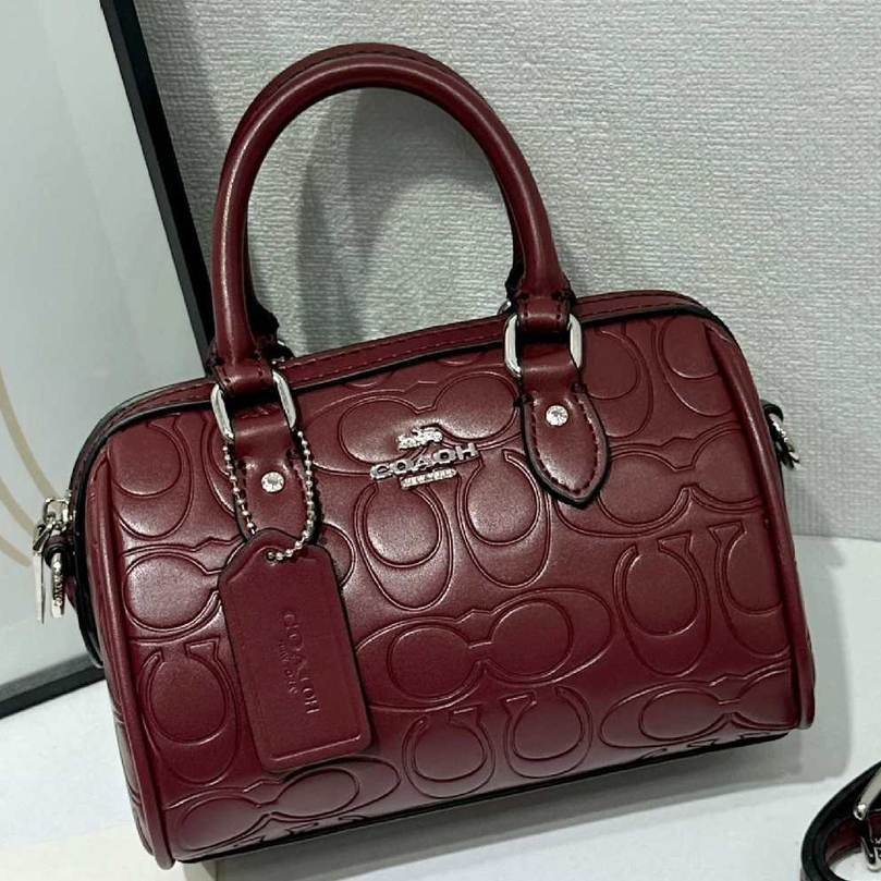 Mini Rowan Series Luxury Designer Retro Wine Red Embossed Signature Satchel Women Purse Detachable Adjustable Crossbody Dating Daily Shopping Party