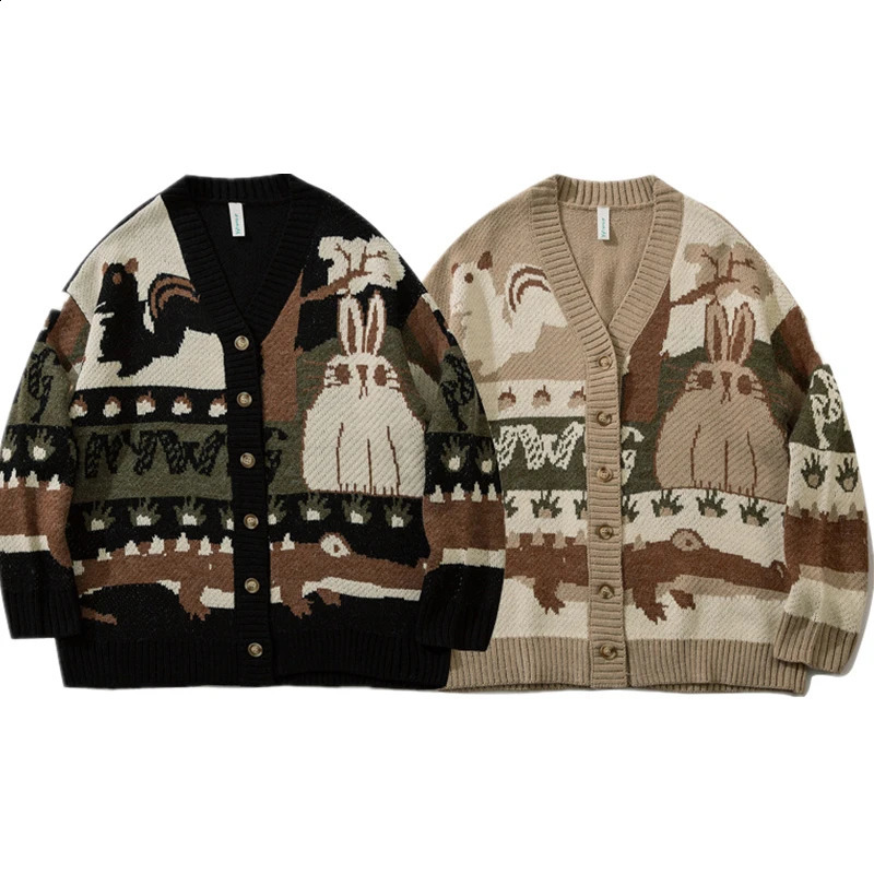 Vintage Cardigan Oversized Sweater Men Pullover Hip Hop Streetwear Loose Knitwear Harajuku Cartoon Knitted Sweater Male 260917