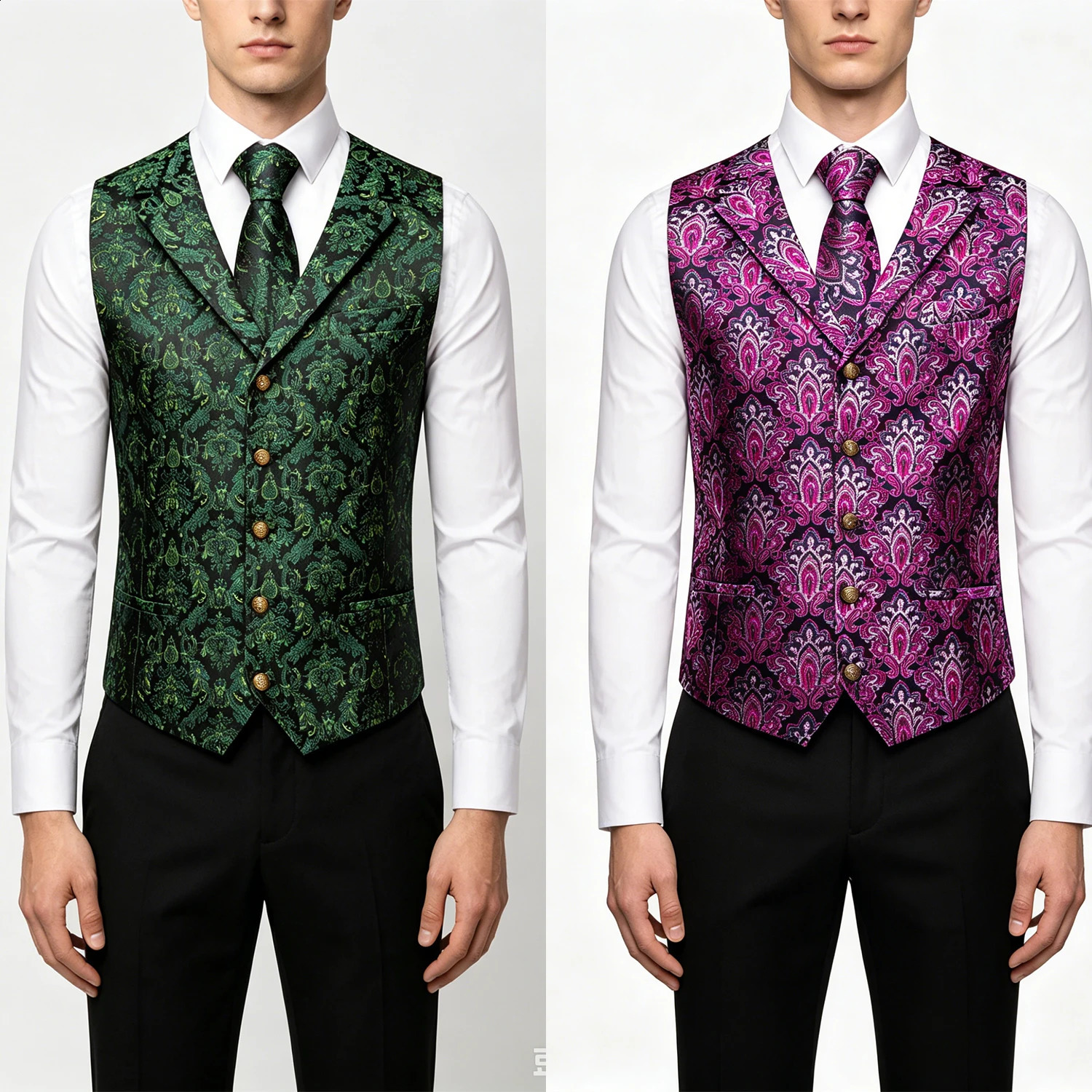 Jacquad Mens Paisley Floral Vest Party Wedding Waistcoat Cufflink Pocket Square Tie Suit Set Purple Green Golden Black 260917