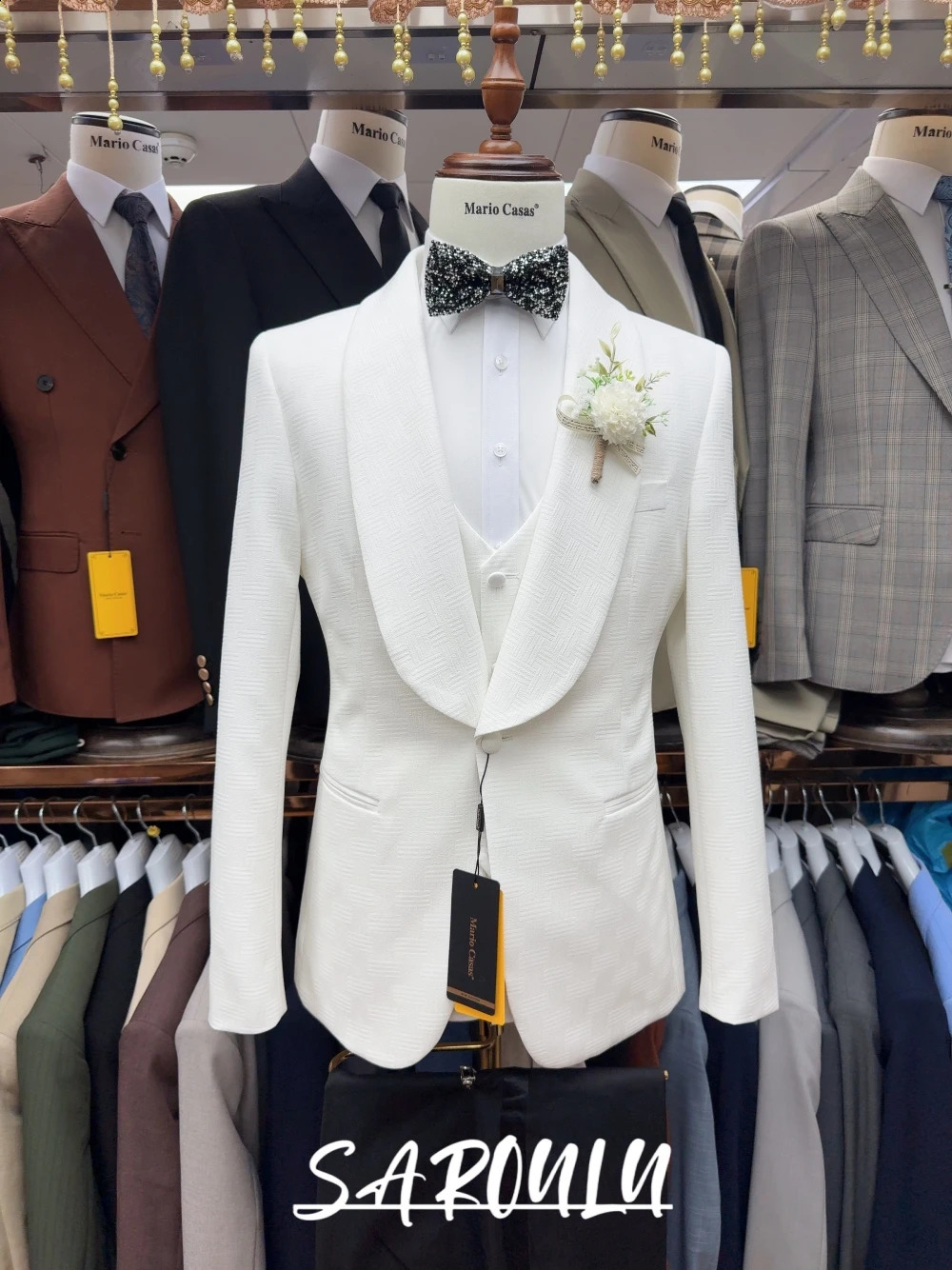 Mens White Patterned Wedding Suit Elegant Fully Jacquard Set Formal Groom Tuxedo Modern Shawl Lapel Jacket With Vest Pants 260914
