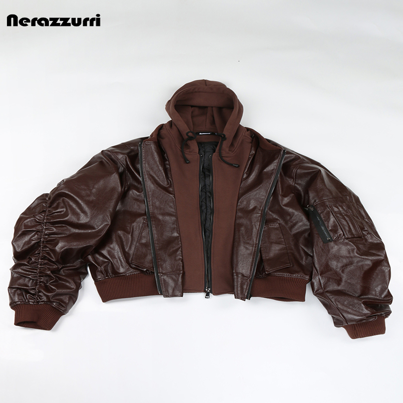 Nerazzurri Autumn Winter Cool Handsome Oversized Brown Thickened Warm Leather Jacket Men with Hood 2 Piece European Clothes 260916