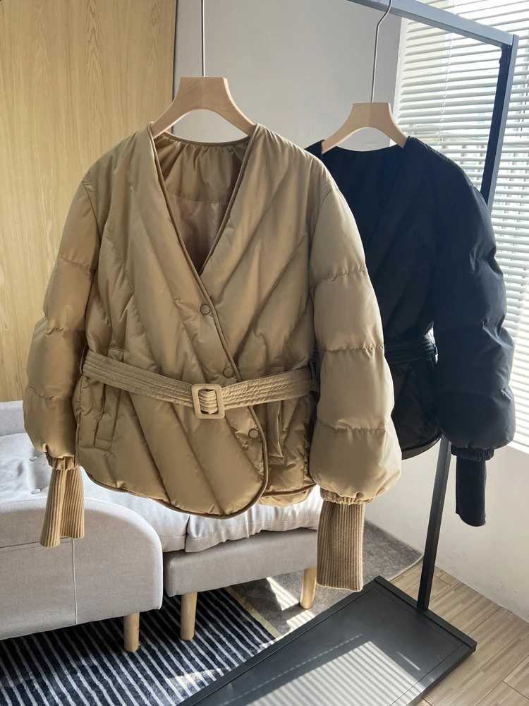 Janveny New Design 90% White Duck Down Jacket Women Winter Solid Sashes Puffer Coat Short Female Sweet Office Parkas With Belt H260917